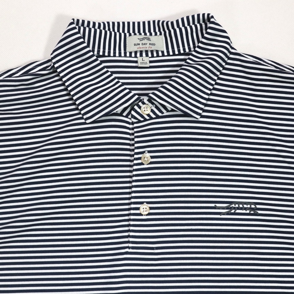 Sun Day Red Mens Golf Polo Shirt Large L Navy Blue White Striped Tiger Woods